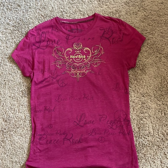 Womens Hard Rock Hollywood T Shirt Size XL Fuchsia and Gold - Picture 2 of 3